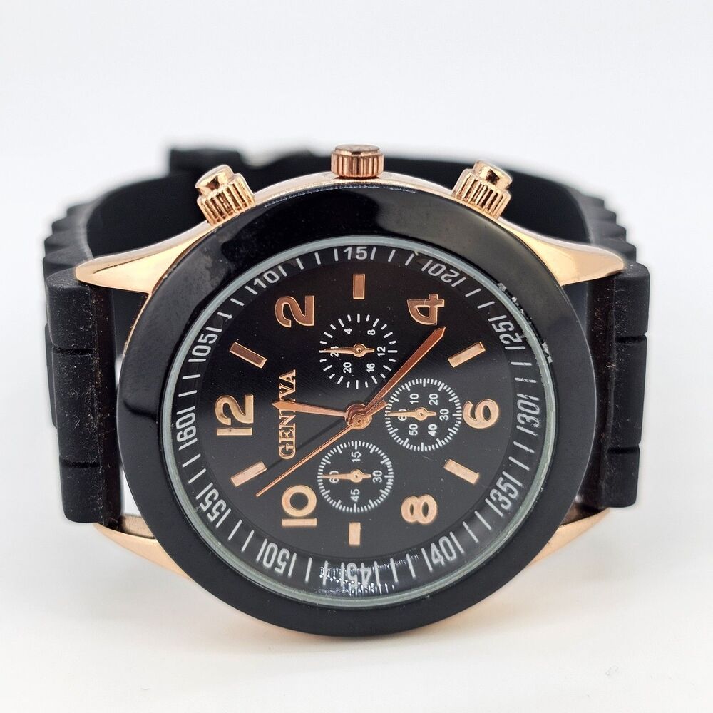 38MM Women's Watch Analog 38MM Black Dial Gold Case Black Plastic Bands New Batt